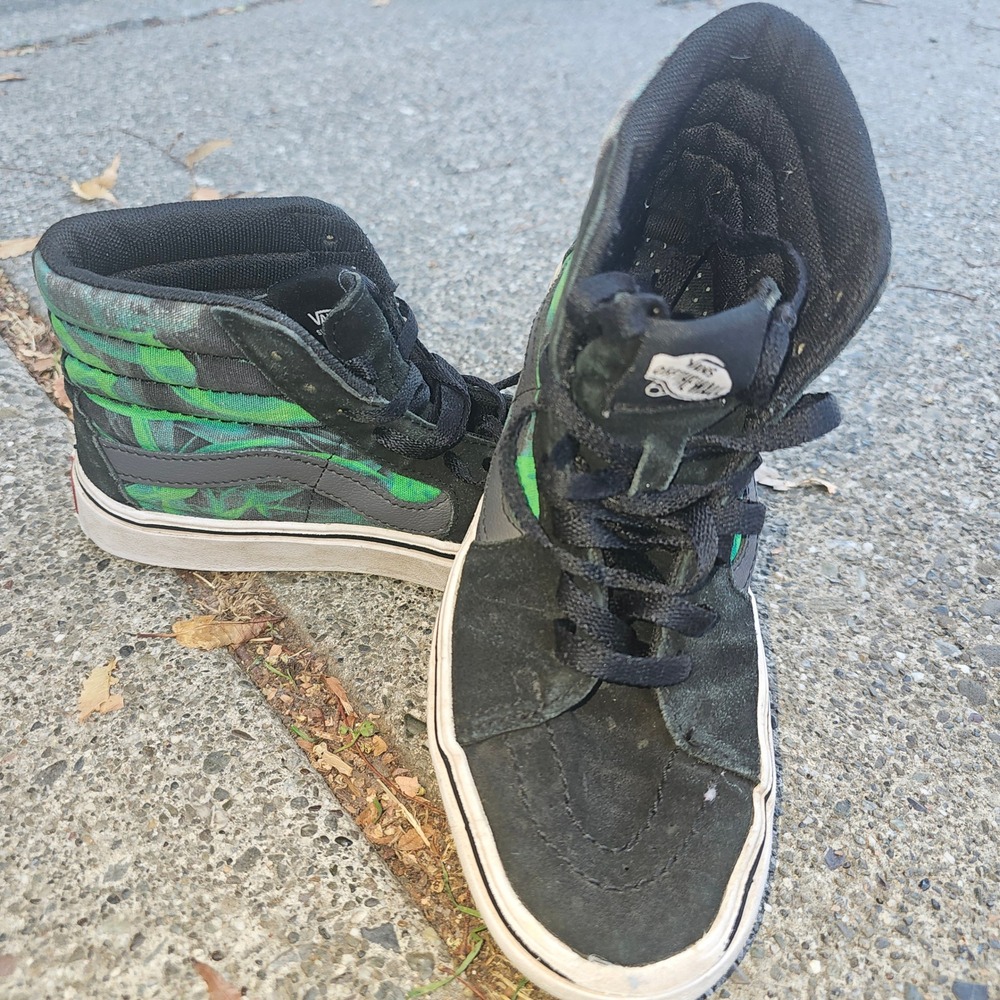 Vans‎ Sk8 Hi High Top Sneakers Black Green Plaid Skate Shoes Kids Size 6 Youth